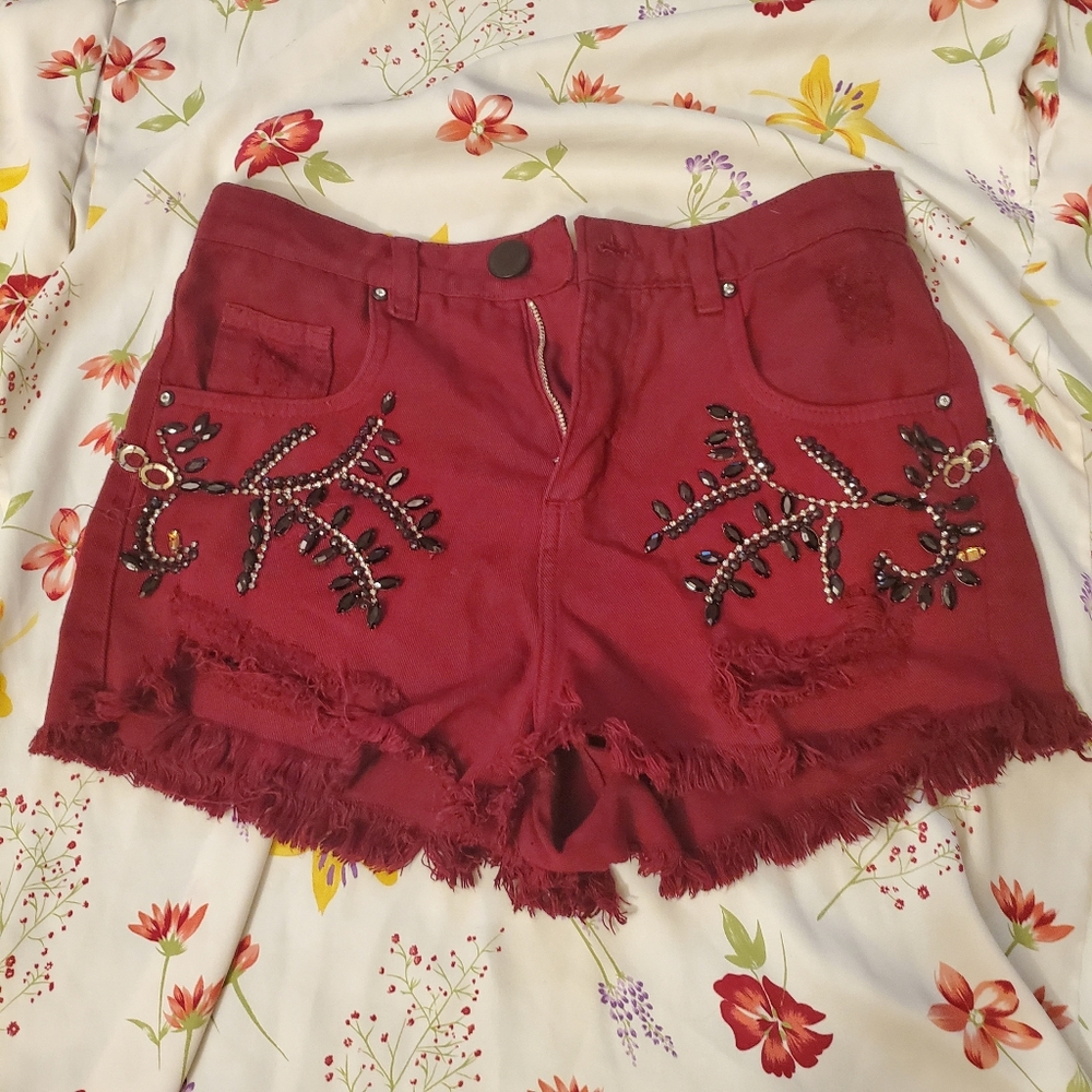Linda Denim Crimson Jeweled Shorts